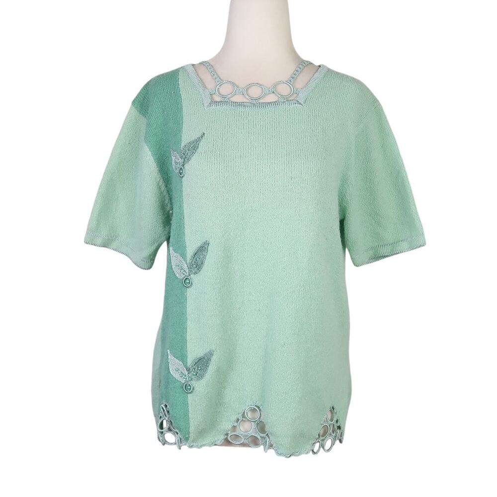 Vintage 90s Moffi International mint green cut-out knit sweater M